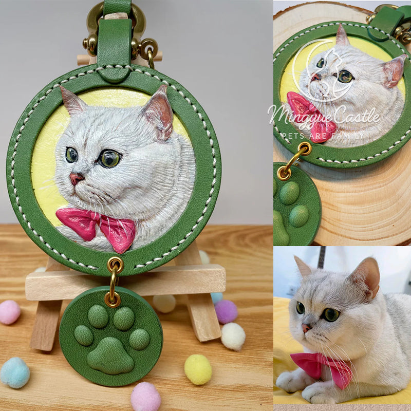 Custom Hand-Carved Leather Pet Portrait Keychain – Personalized Pet Memorial Gift