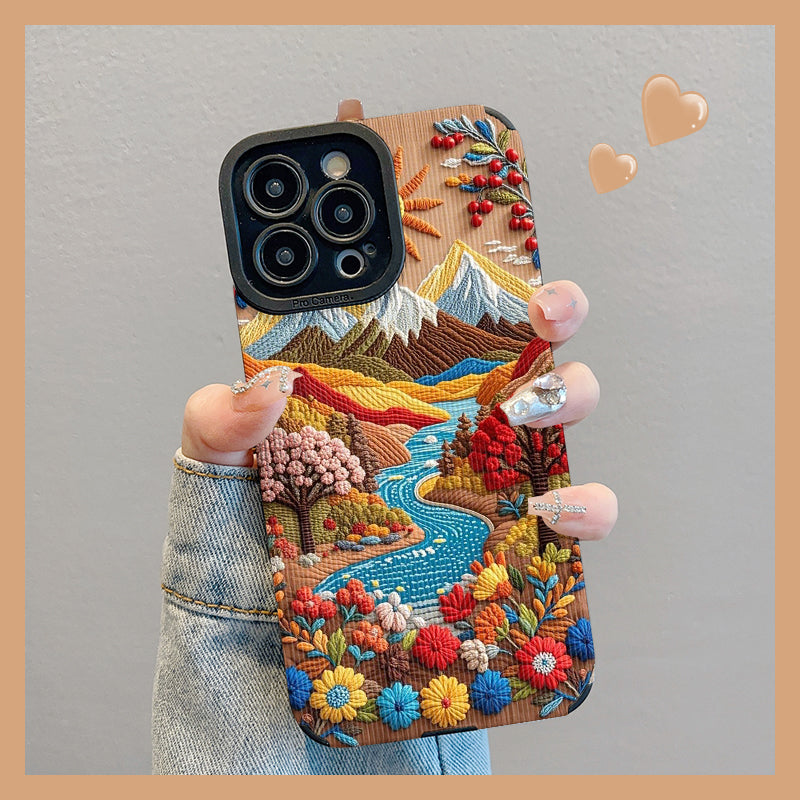 M72904-Applicable Apple Phone Case - Leather Grain Oil Painting Graffiti Flowers