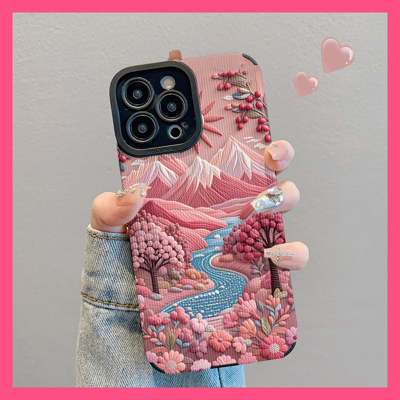 M72904-Applicable Apple Phone Case - Leather Grain Oil Painting Graffiti Flowers