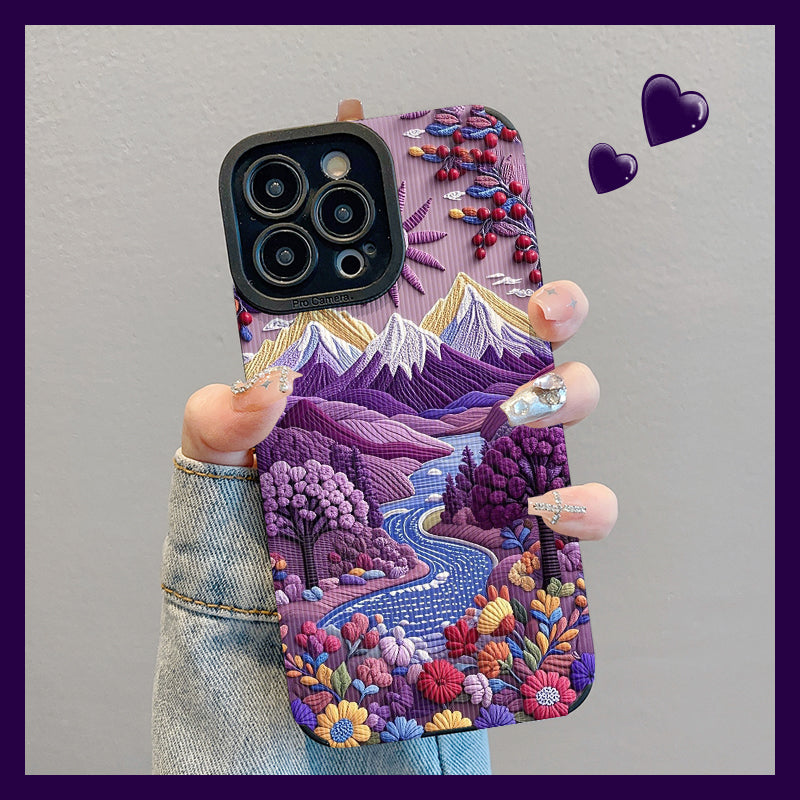 M72904-Applicable Apple Phone Case - Leather Grain Oil Painting Graffiti Flowers