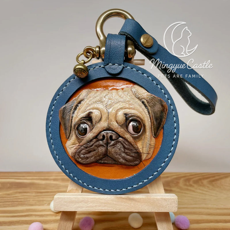 Custom Hand-Carved Leather Pet Portrait Keychain – Personalized Pet Memorial Gift
