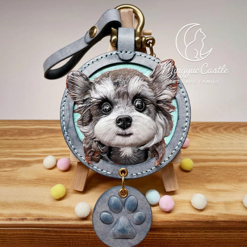 Custom Hand-Carved Leather Pet Portrait Keychain – Personalized Pet Memorial Gift
