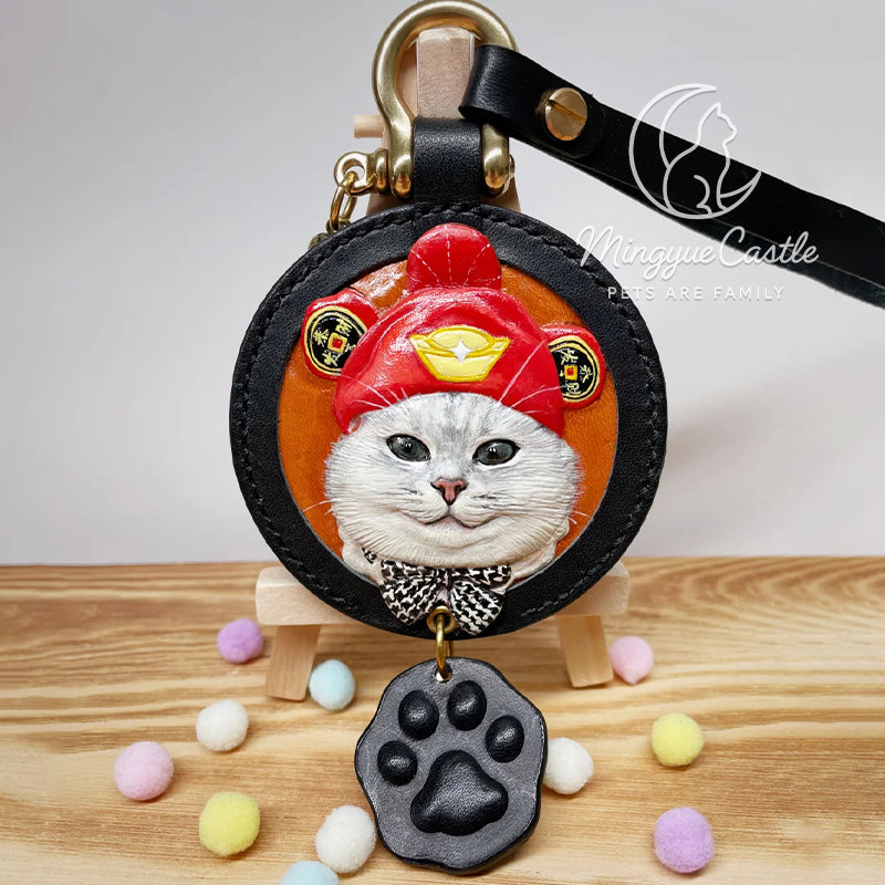 Custom Hand-Carved Leather Pet Portrait Keychain – Personalized Pet Memorial Gift