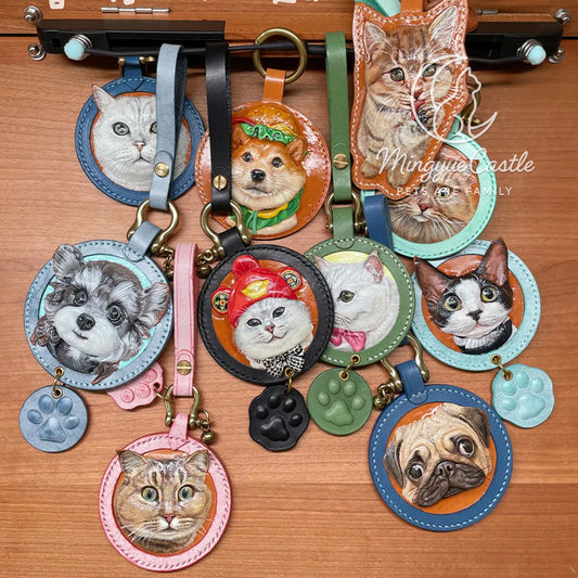 Custom Hand-Carved Leather Pet Portrait Keychain – Personalized Pet Memorial Gift