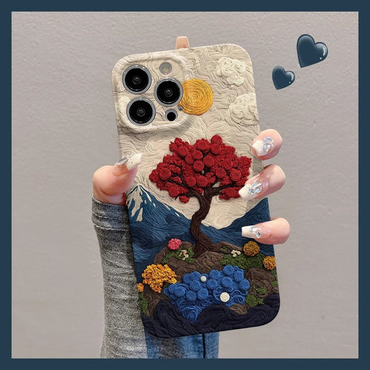 M72902-Applicable Apple Phone Case - Leather Grain Oil Painting Graffiti Flowers