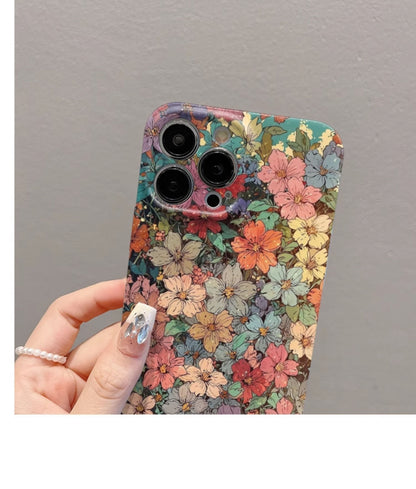 M72905-Applicable Apple Phone Case - Leather Grain Oil Painting Graffiti Flowers