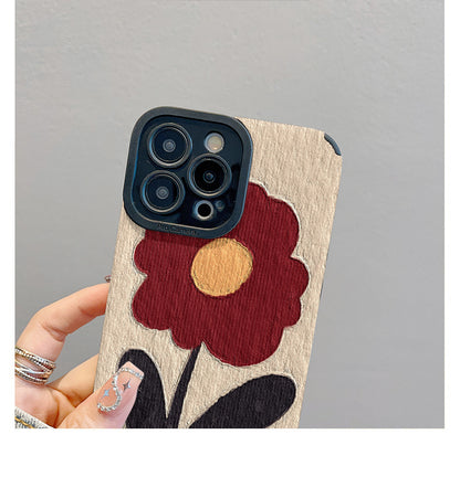 M72901-Applicable Apple Phone Case - Leather Grain Oil Painting Graffiti Flowers