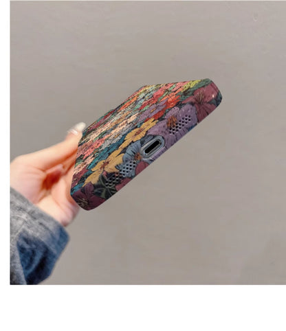M72905-Applicable Apple Phone Case - Leather Grain Oil Painting Graffiti Flowers