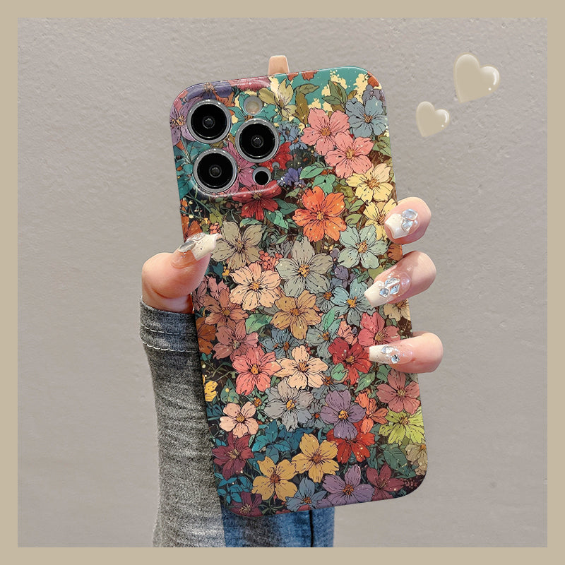 M72905-Applicable Apple Phone Case - Leather Grain Oil Painting Graffiti Flowers