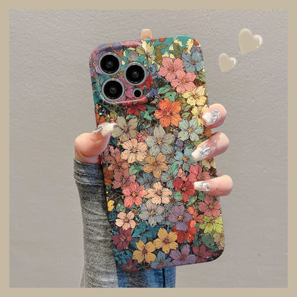 M72905-Applicable Apple Phone Case - Leather Grain Oil Painting Graffiti Flowers
