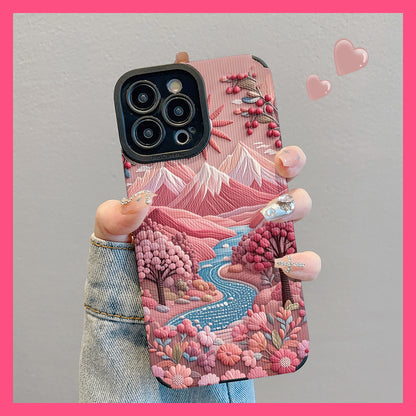M72904-Applicable Apple Phone Case - Leather Grain Oil Painting Graffiti Flowers