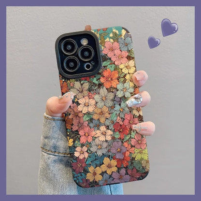 M72901-Applicable Apple Phone Case - Leather Grain Oil Painting Graffiti Flowers